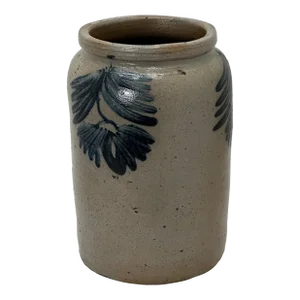 Antique Mid 19th Century American Extensively Blue Decorated Small 2 Quart Size Stoneware Preserves Jar