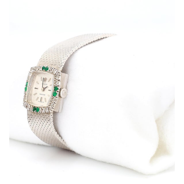 Rolex Precision Emerald & Diamond Bezel 18k White Gold Frosted Bracelet Watch For Sale In Miami - Image 6 of 9