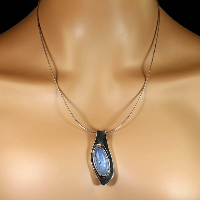 Late 20th Century Magnificent Blue Agate Cabochon in Handcrafted Sterling Silver Pendant For Sale - Image 4 of 5