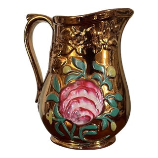 Antique 19th Century English Regency Staffordshire Copper Luster Pitcher With Relief Molded Pink Roses For Sale