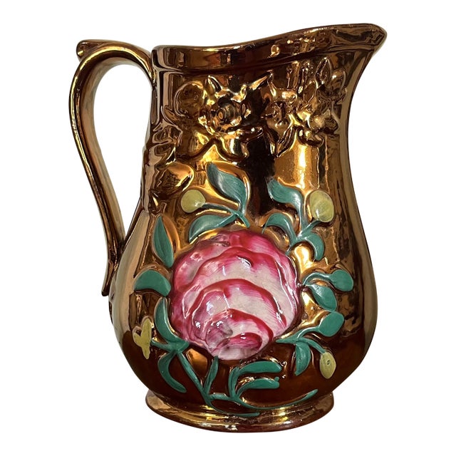 Antique 19th Century English Regency Staffordshire Copper Luster Pitcher With Relief Molded Pink Roses For Sale
