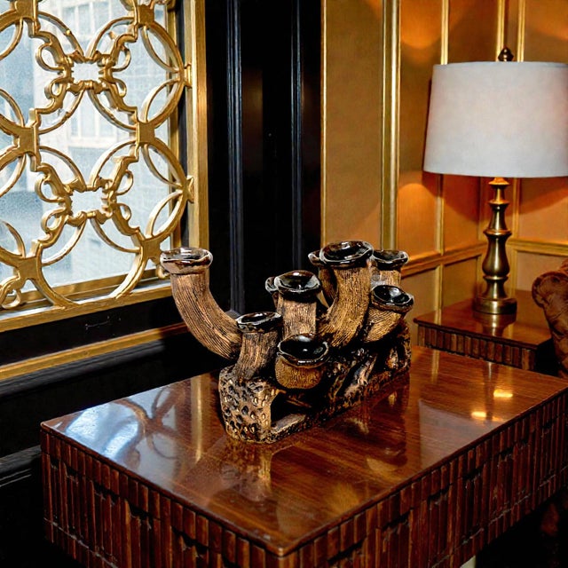 1970s An Anamorphic 1970s Unsigned Brutalist Clay Sculpted Earth-Tone Menorah 9 Stick Candelabra For Sale - Image 5 of 8