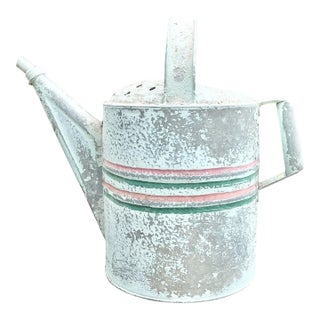 1940s Vintage Painted Striped Farmhouse Galvanized Garden Watering Can For Sale