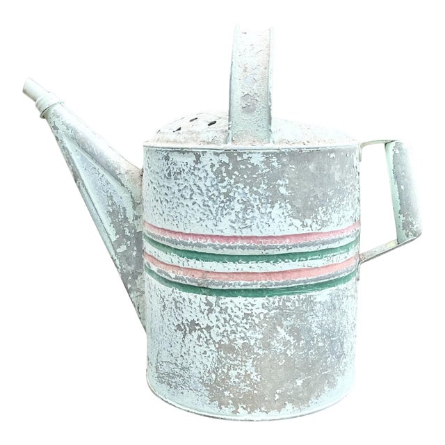 1940s Vintage Painted Striped Farmhouse Galvanized Garden Watering Can For Sale