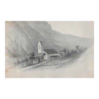 Antique Grindelwald Switzerland Church Drawing For Sale