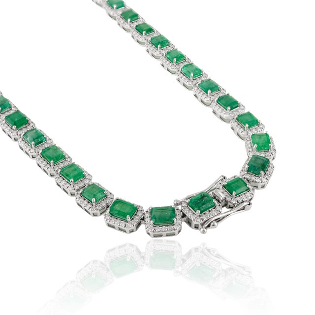 Metal Vintage Byzantine Style 24.47 Ct Emerald Tennis Necklace in 14k White Gold For Sale - Image 7 of 13