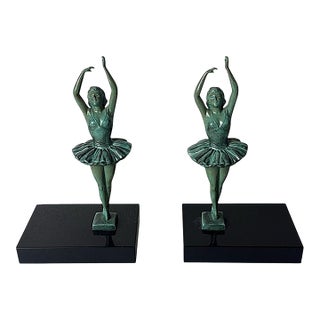 Art Deco French Pair of Dancer Bookends in Spelter and Black Marquina Marble For Sale