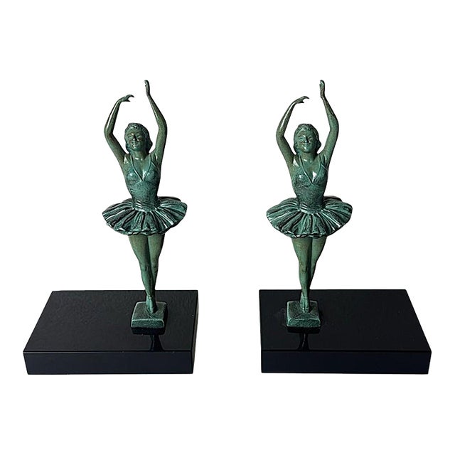 Art Deco French Pair of Dancer Bookends in Spelter and Black Marquina Marble For Sale