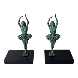 Art Deco French Pair of Dancer Bookends in Spelter and Black Marquina Marble