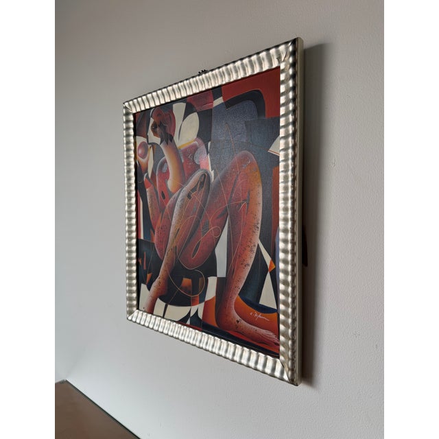 1980’s Vintage C. Ryan Cubist Figural Oil on Canvas Painting, Framed For Sale - Image 4 of 12