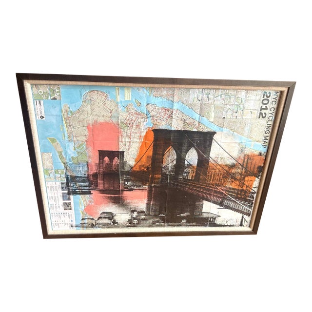 Denis Ouch Brooklyn Bridge Screen Print & Spray Paint Over Nyc Cycling Map For Sale
