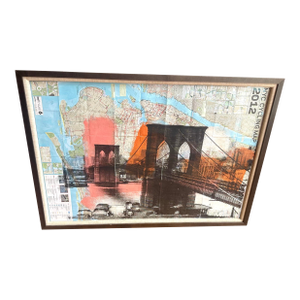 Denis Ouch Brooklyn Bridge Screen Print & Spray Paint Over Nyc Cycling Map