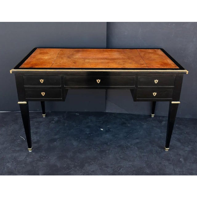 Early 20th Century French Louis XVI Ebonized Writing Table or Desk With Embossed Leather Top For Sale - Image 5 of 13
