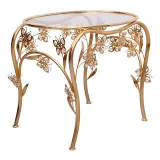 Hollywood Regency Oval Brass and Crystal Butterfly Side Table, 1980s For Sale