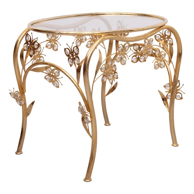 Hollywood Regency Oval Brass and Crystal Butterfly Side Table, 1980s For Sale