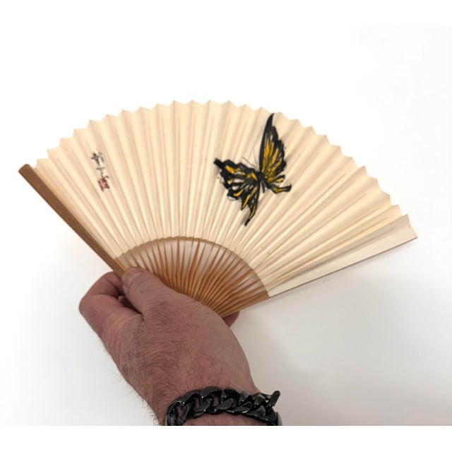 Japanese Mid Century Japanese Folding Fan (Sensu) – Hand Painted Butterfly – Showa Era, C. 1960 For Sale - Image 3 of 7