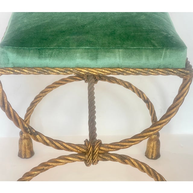 1950s Italian Hollywood Regency Rope & Tassel Gilt Metal Stool For Sale - Image 10 of 17