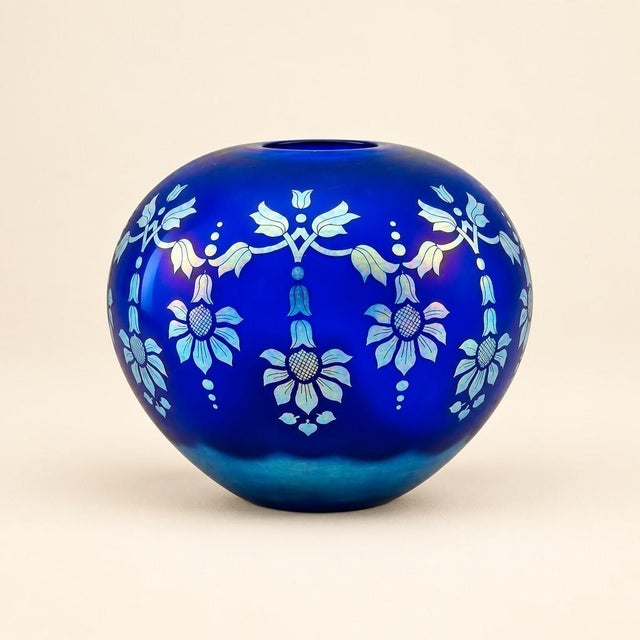 1980s Fenton Favrene Satin Sunflower Blue Art Glass-Etched-Cobalt Vase, Limited Edition For Sale - Image 11 of 11
