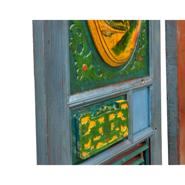Teal Pair Vintage Chinese Teal Blue Yellow Fujian Style Graphic Wood Wall Door Panels For Sale - Image 8 of 11