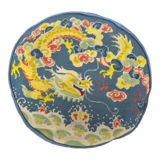 Handmade Chinoiserie Dragon Pattern Petite Point Needle Point Pillow Round Pillow Blue, Yellow, Salmon & Aqua For Sale