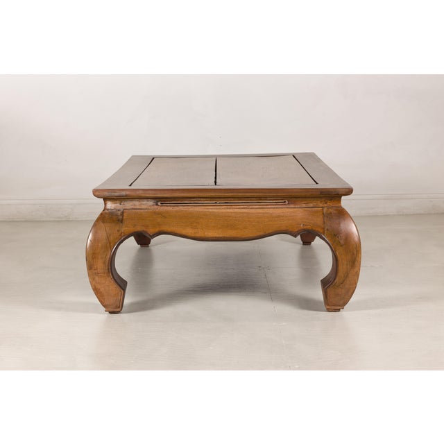 Vintage Chinese Low Kang Two-Tone Elm Coffee Table with Curved Legs For Sale - Image 4 of 18