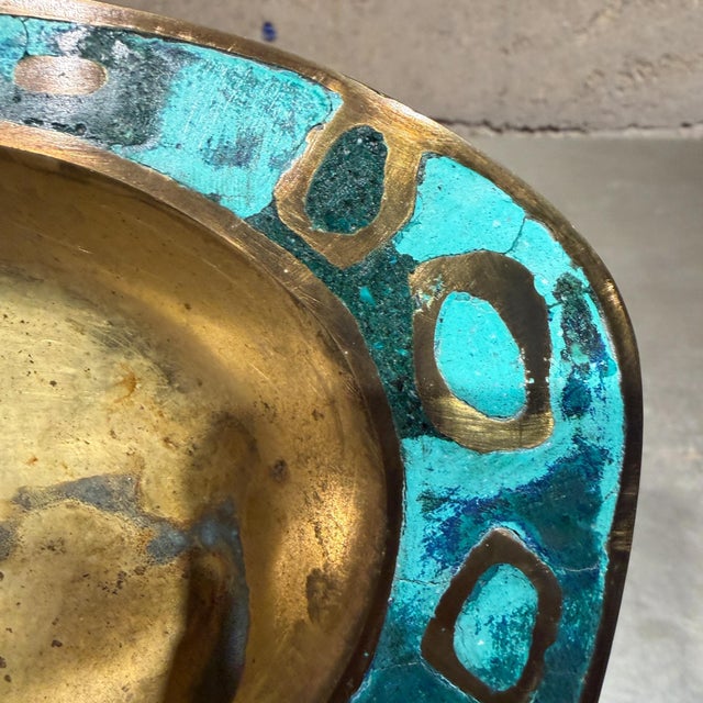 1950s Pepe Mendoza Ashtray Dish Catch All Tray Bowl Malachite Brass For Sale - Image 5 of 11