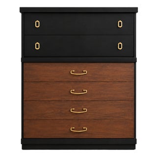 Vintage Bassett Tallboy Chest in Ebony Black With Restored Walnut Drawers For Sale