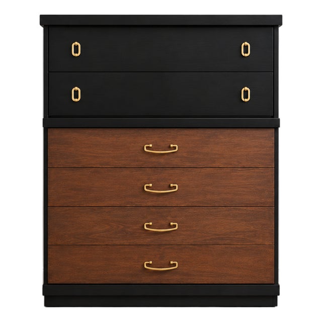 Vintage Bassett Tallboy Chest in Ebony Black With Restored Walnut Drawers For Sale