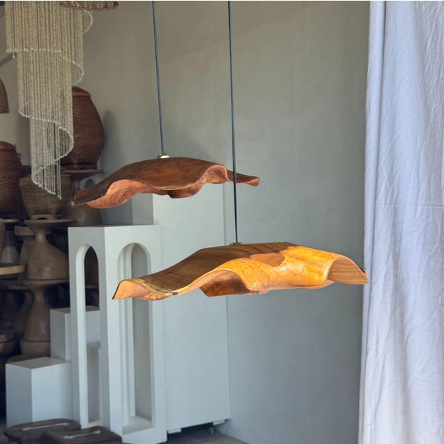 Large Wavy Leaf-Shaped Teak Pendant Light For Sale - Image 13 of 18
