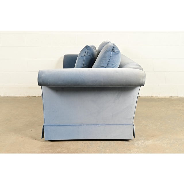 Baker Furniture Blue Velvet Upholstered Roll Arm Sofa For Sale - Image 10 of 13