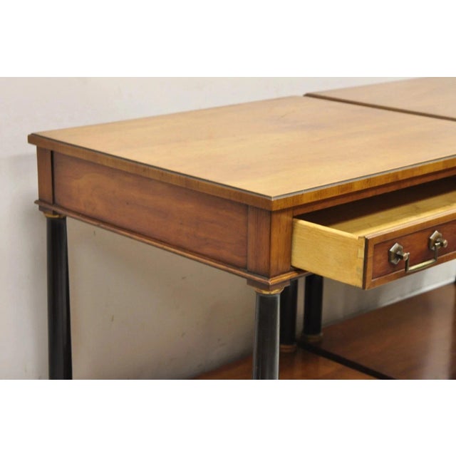 Brown Late 20th Century French Empire Cherry Wood Black Column 1 Drawer Lamp End Table by Heritage, Pair For Sale - Image 8 of 11