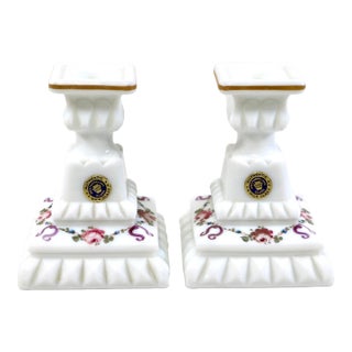 Mid-20th Century Westmoreland Hand-Painted Milk Glass "Roses & Bows" Candlestick Holders - A Pair For Sale