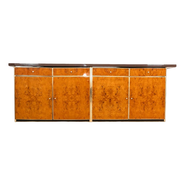 Vintage Modernist Sideboard Sideboard in Burl and Brass, 1970s For Sale