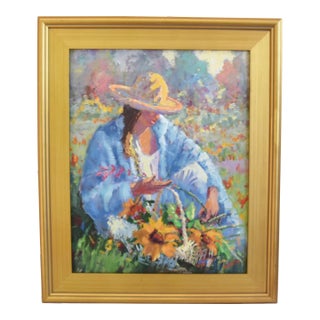 Silvio Silvestri, Listed Artist Woman Gathering Flowers Landscape Oil Painting Including the Antiqued Gold Wood Frame For Sale