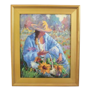 Silvio Silvestri, Listed Artist Woman Gathering Flowers Landscape Oil Painting Including the Antiqued Gold Wood Frame