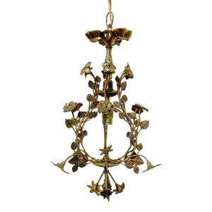 Vintage Mid 20th Century Decorative Floral Brass Pendant Chandelier