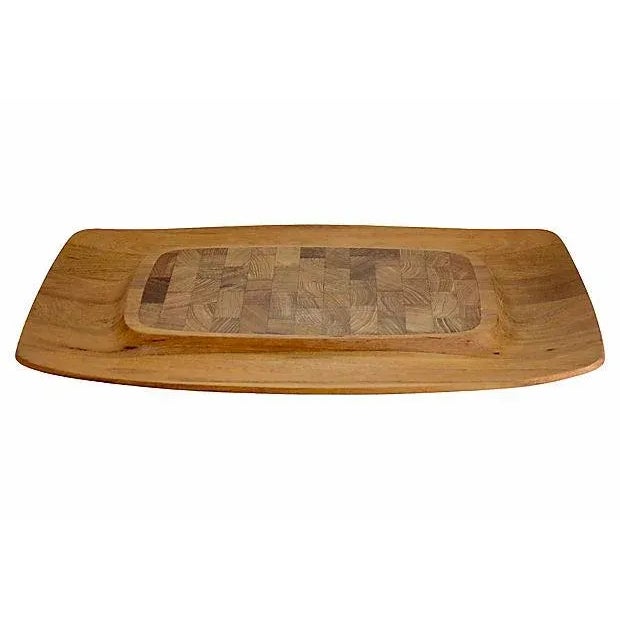 Large 18 inch Jens Quistgaard teak wood round corner rectangular hors d'ouevre charcuterie tray with outer border rim...