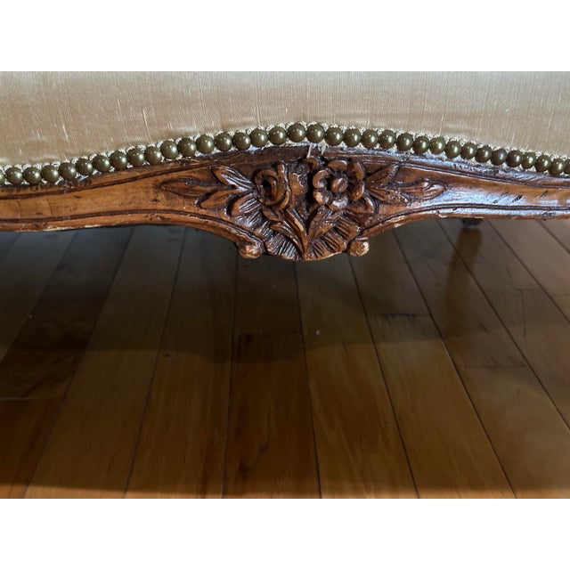 Wood Antique French Louis XV Style Hand-Carved Upholstered Loveseat With Down Cushion For Sale - Image 7 of 9