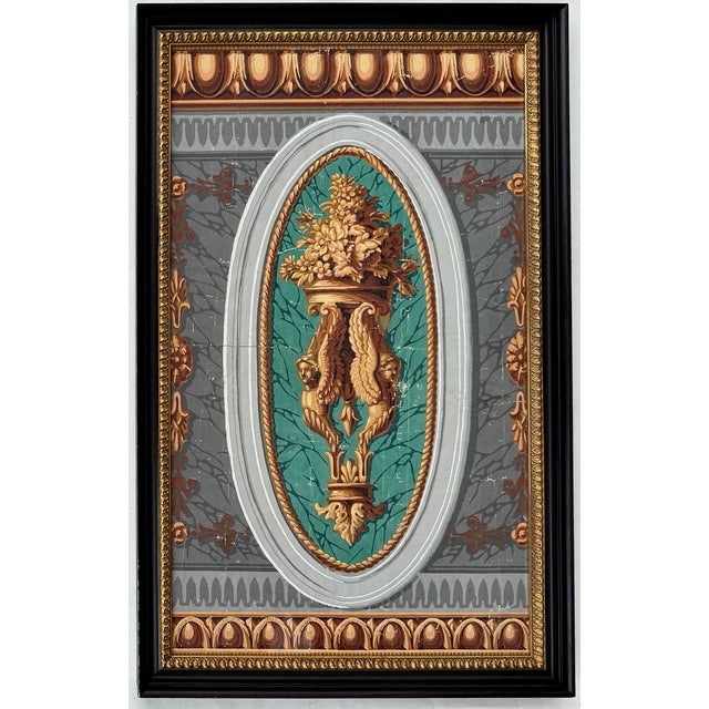 Pair of early 19th-century French Neoclassical wallpaper panels, block-printed and newly framed—rich in classical detail...