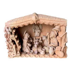 Circa 1970/1980 Intricately Handcrafted Terracotta Tabletop Manger Nativity Scene, Peru