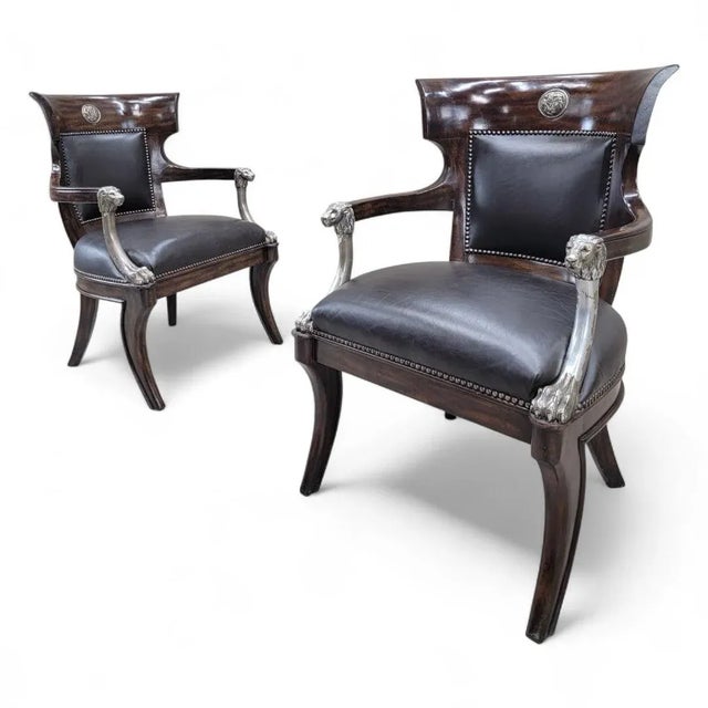 Vintage George IV English Regency Style Black Leather Chairs With Metal Lion Head Arms - Pair For Sale - Image 4 of 11
