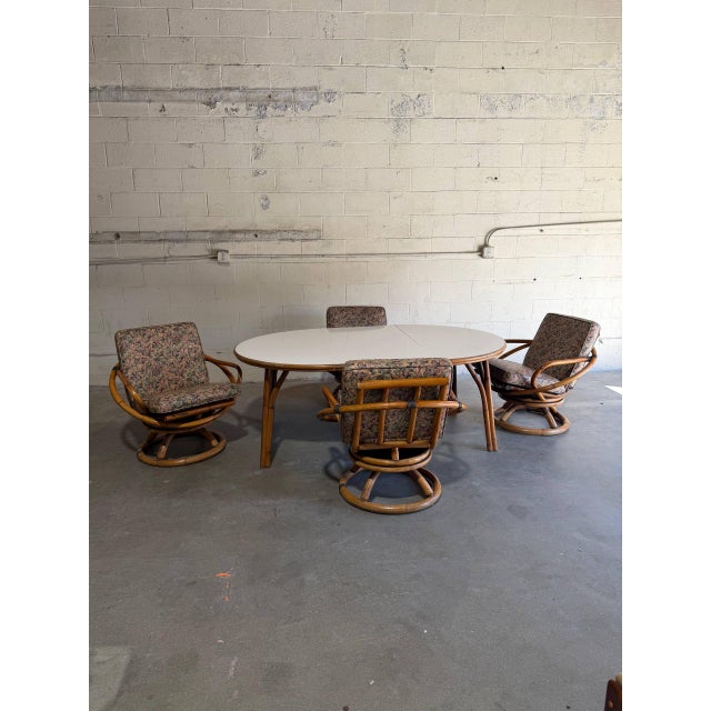 Outdoor Rattan Dining Set With Extension Round Table and 4 Swivel Chairs Mid-Century Modern 1970s For Sale - Image 9 of 12