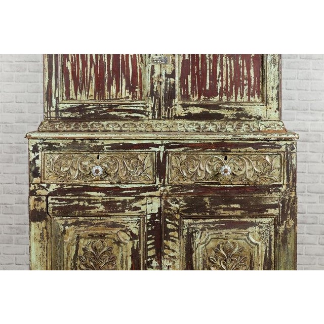 Indian Rustic Painted Wood Cabinet with Carved Foliage & Distressed Patina For Sale In New York - Image 6 of 12