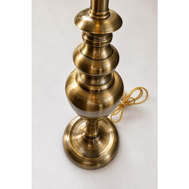 Traditional Vintage Brass Table Lamp With Green & Burgundy Damask Shade, Beaded Fringe, Ornate Traditional European Style, Decorative Accent Lighting For Sale - Image 3 of 12