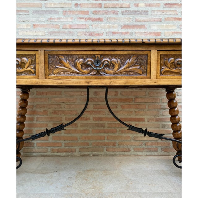 Wood 19th-Century French Hand Carved Oak Desk with Iron Stretcher & Solomonic Legs For Sale - Image 7 of 18