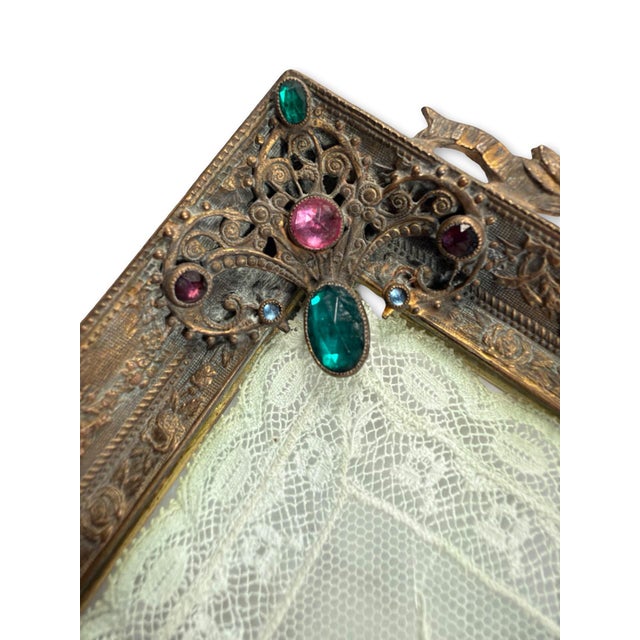 1930s Antique Empire Art Gold Jeweled Vanity Tray With Ivory Lace, Circa 1920s–1930s For Sale - Image 5 of 13