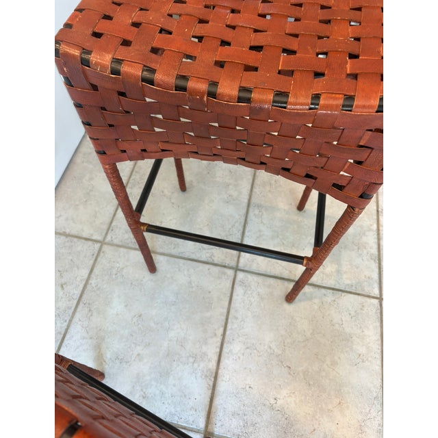 Vintage Woven Saddle Leather Bar Stools - A Pair For Sale - Image 12 of 13