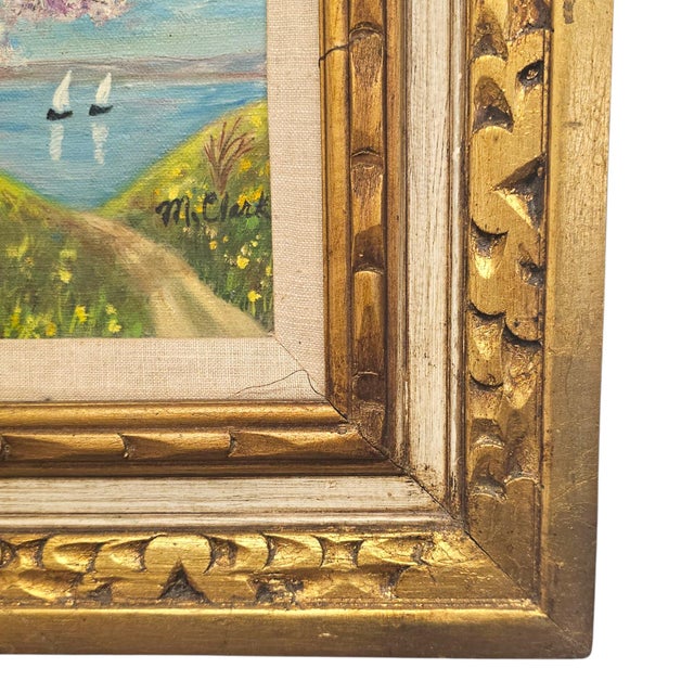 Pair Signed M. Clark Coastal Landscape Oil Paintings in Carved Gilt Frames 18.5" For Sale - Image 14 of 17
