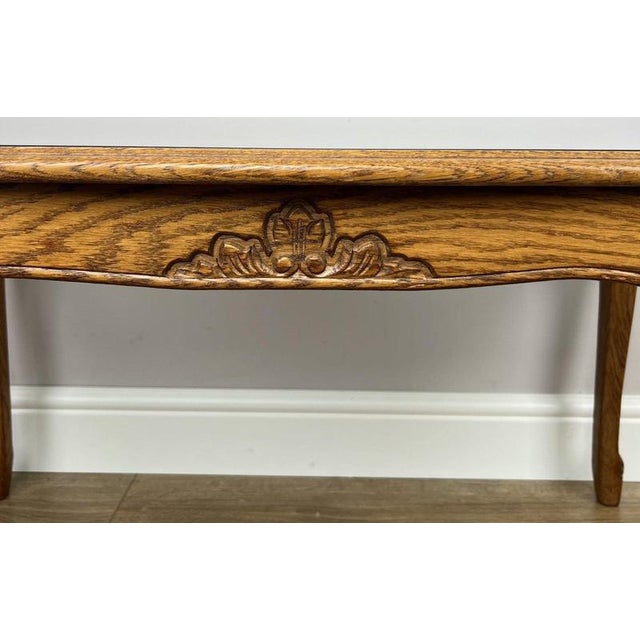 Vintage French Carved Oak Coffee Table with Glass Top For Sale - Image 12 of 14