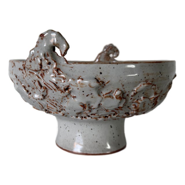 1990's Vintage Organic Handmade Studio Pottery Pedestal Bowl, Signed For Sale